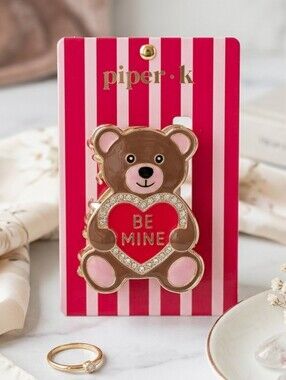 PIper K Be Mine Teddy Bear Enamel  Hair Claw Clip Brown & Pink NEW